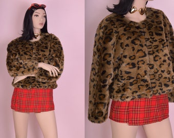 70s Leopard Print Faux Fur Jacket/ Medium/ 1970s