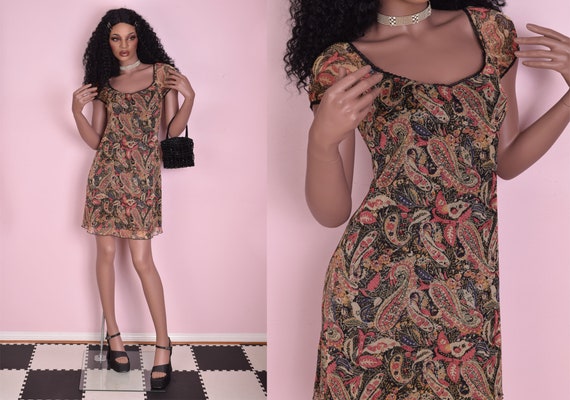 90s Paisley Print Mesh Dress/ Medium/ 1990s