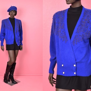 Vintage 90s Deadstock Beaded Lambswool and Angora Blend Sweater/ Medium/ 1990s/ Cardigan