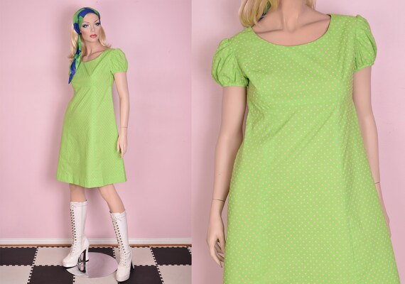 70s Green Flocked Floral Print Dress/ Medium/ 1970
