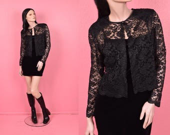 Chaqueta ligera vintage de encaje floral negro de los años 80 y 90/Grande/Años 80/Años 90