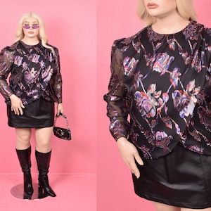 Vintage 80s Lurex Rose Pattern Wrap Top/ XL/ 1980s/ Long Sleeve
