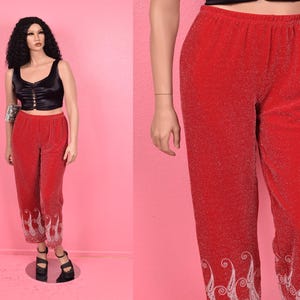 Vintage 90s Red and Silver Lurex Knit Paisley Trim Pants/ Large/ 1990s