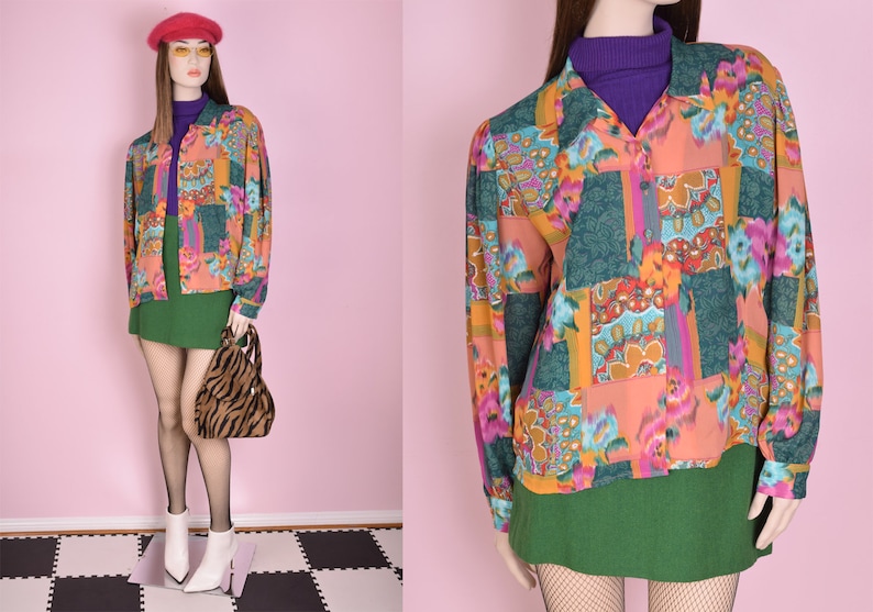 90s Multi Pattern Blouse Large 1990s Long Sleeve Button Down