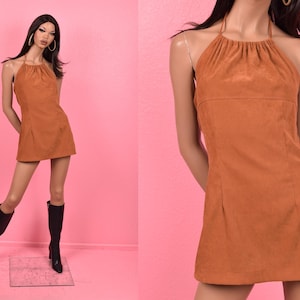 Vintage 90s Brown Halter Mini Dress/ Medium/ 1990s
