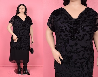 Vintage 90s 00s Black Floral Burnout Velvet Dress/ US 20/ 1990s/ 2000s