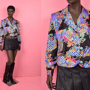 Chemisier veste légère multi motifs vintage des années 80/US 10/80s/manches longues