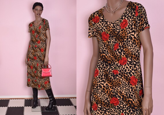 90s Rose and Animal Print Dress/ Medium/ 1990s