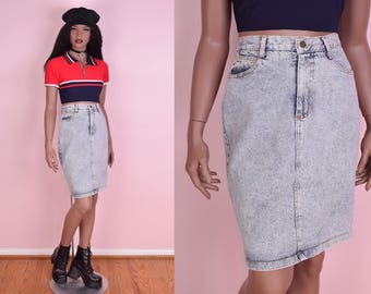 80s High Waisted Acid Wash Denim Skirt/ 27 Waist/ 1980s