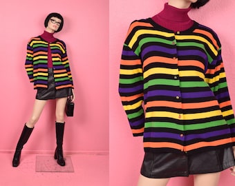 Cardigã vintage multicolorido dos anos 90 / Tamanho Grande / Década de 1990