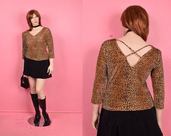 Top de terciopelo con estampado de guepardo vintage de los 90/ Talla juvenil/ Década de 1990
