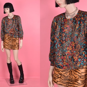 Vintage 80s Floral and Paisley Print Blouse/ US 4P/ 1980s/ Long Sleeve
