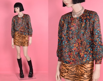 80s Floral and Paisley Print Blouse/ US 4P/ 1980s/ Long Sleeve