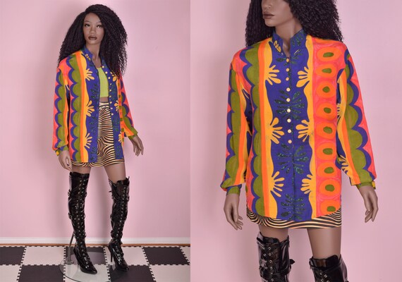 80s Colorful Artsy Top/ Medium/ 1980s/ Long Sleeve