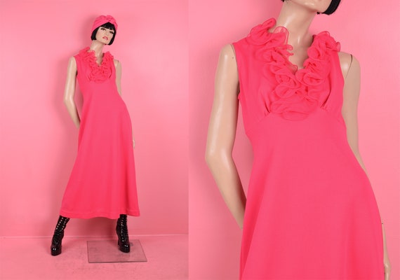 70s Pink Ruffle Trim Dress/ US 12/ 1970s - image 1