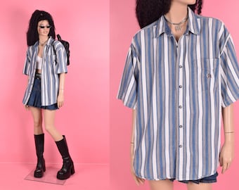 80s Striped Button Down Shirt/ Gender-Neutral XL-XXL/ 1980s/ Short Sleeve