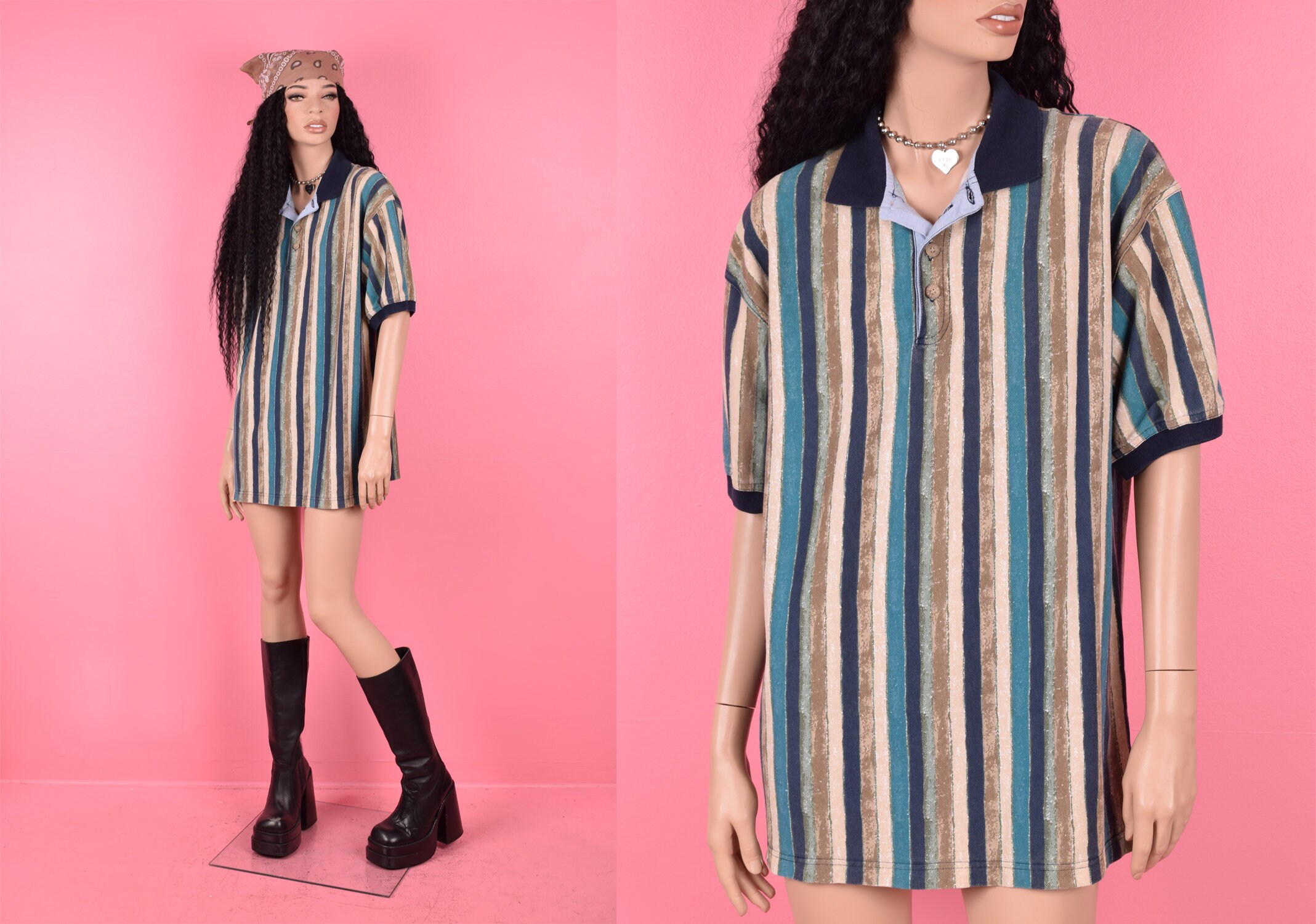 トップス 90s old  striped s/s poloshirt y2k Vintage 90s Y2K Striped Polo Shirt/ Unisex Large/ Short Sleeve - Etsy