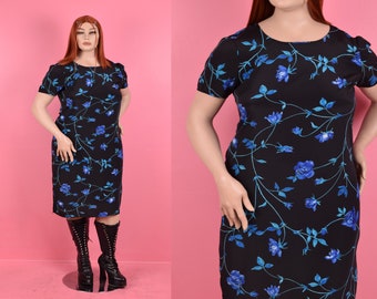 Vintage 90s Floral Print Dress/ XL/ 1990s/ Short Sleeve