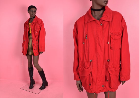 Vintage 90s Red Drawstring Waist Jacket/ Medium/ … - image 1