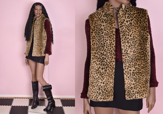 90s Leopard Print Plush Vest/ Small-Medium/ 1990s