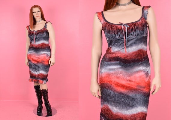 90s Y2K Striped Crushed Velvet Dress/ Large - image 1