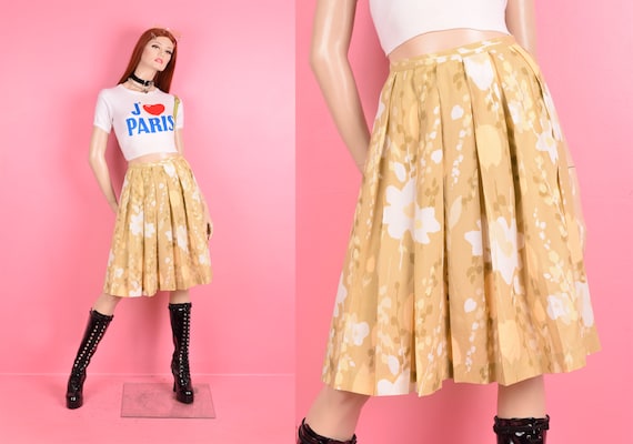 Vintage 50s Floral Print Full Pleated Midi Skirt/ Small-Medium/ 1950s