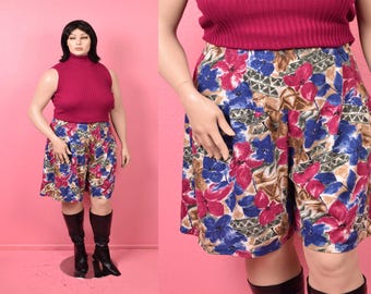 Pantaloncini vintage anni '80 a vita alta in maglia con stampa floreale / Taglia US 22 / Anni '80