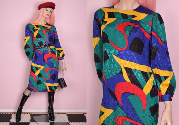 80s Colorful Funky Pattern Dress/ US 12/ 1980s/ Lo