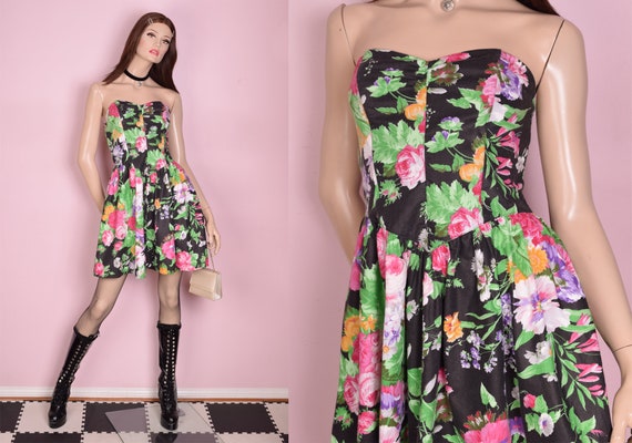 80s Floral Print Strapless Dress/ US 7-8/ 1980s