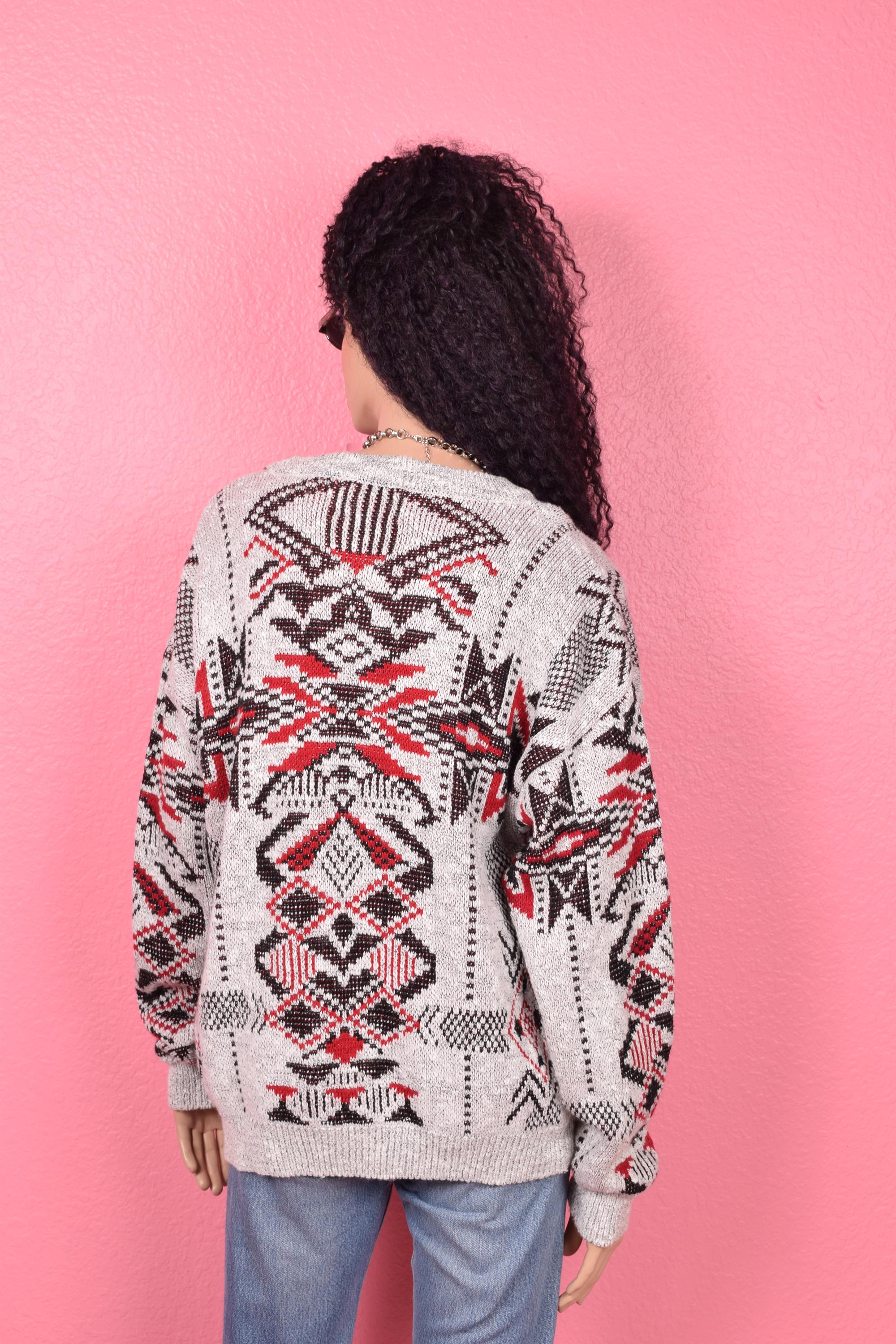 Pull Vintage 90's Motifs Graphiques – Taille 2XL – Laine/Acrylique Col V