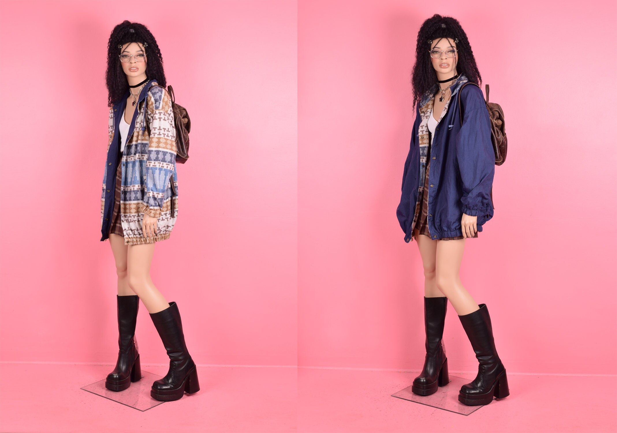 Vintage 80s Reversible Striped and Solid Jacket/ US 18-20