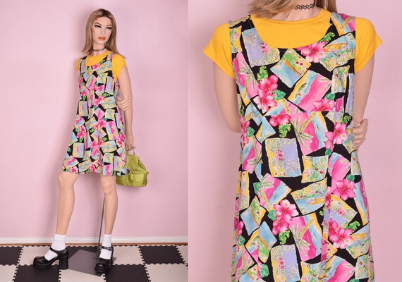 90s Tropical Print Dress/ Small-Medium/ 1990s/ Tan