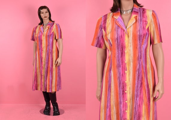 90s Colorful Striped Button Down Dress/ Large/ 19… - image 1