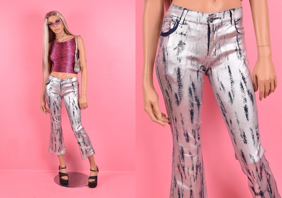 90s 00s Silver Metallic Fit and Flare Stretch Jea… - image 1