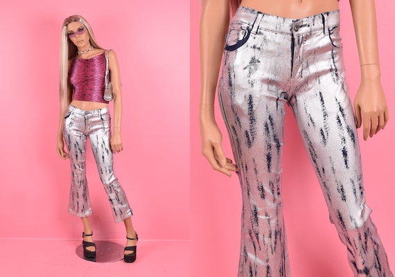 90s 00s Silver Metallic Fit and Flare Stretch Jea… - image 1