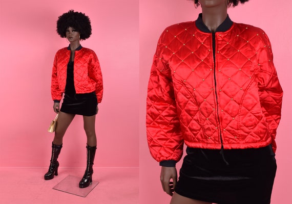 80s 90s Quilted Studded Bomber Jacket/ Large/ 198… - image 1