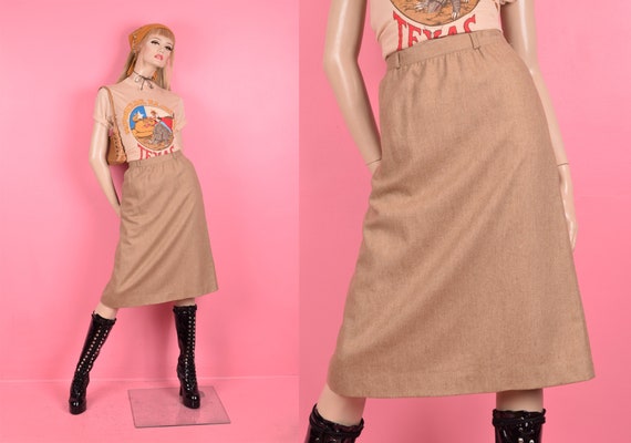 70s Tan Midi Skirt/ Medium/ 1970s - image 1