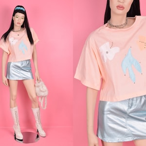 Vintage 80s Peach Studded Patchwork Boxy Cropped Top/ Large/ 1980s