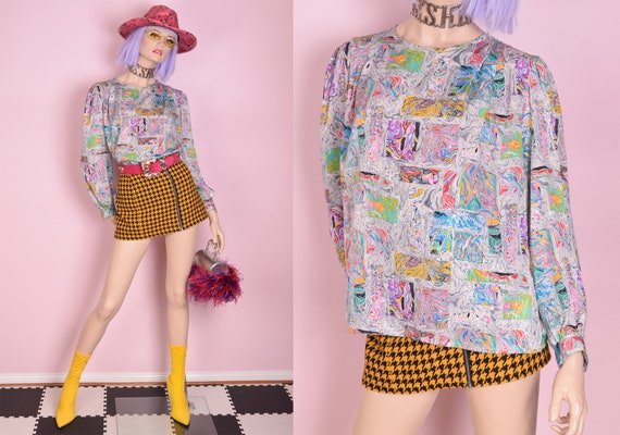 80s Colorful Marble Pattern Blouse/ US 14/ 1980s/