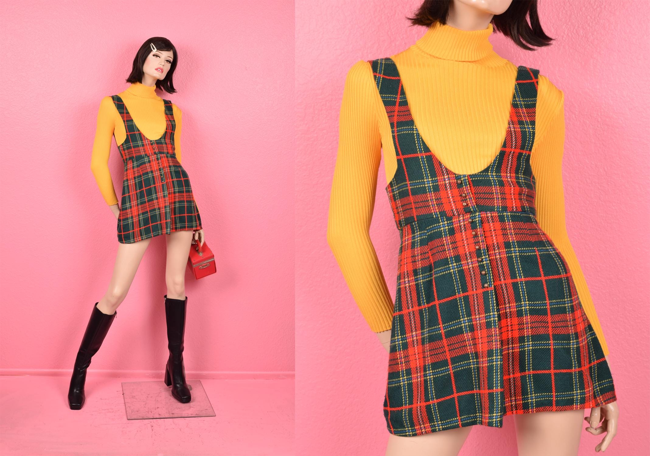 Vintage 60s 70s Mini Plaid Jumper Dress/ Xs-small/ 1960s/ 1970s - Etsy