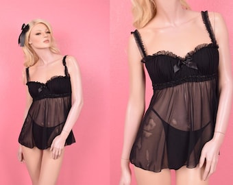 Top estilo babydoll de malla negra vintage de Frederick, años 90 y 2000, talla mediana, años 90 y 2000