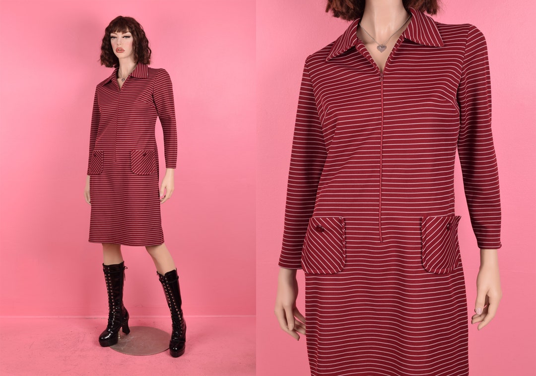 70s Striped Zip up Dress/ Medium-large/ 1970s/ Long Sleeve 70s Striped Zip up Dress/ Medium-large/ 1970s/ Long Sleeve