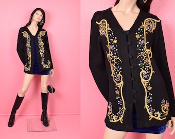 Cardigan vintage bordado e com miçangas dos anos 90/ Médio/ Década de 1990