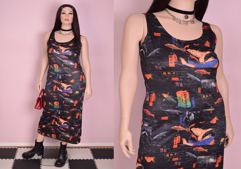 90s Asian Print Maxi Dress L-XL 1990s Tank Sleeveless