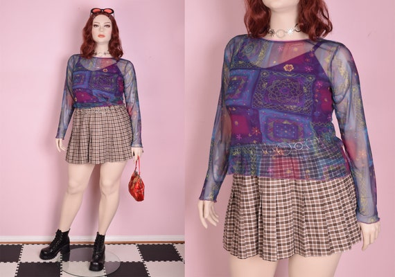 90s Printed Mesh Top/ XL/ 1990s/ Long Sleeve