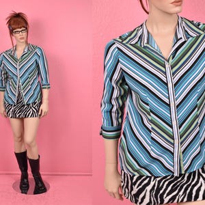Vintage 00s Striped Top/ Large/ 1990s/ Button Down