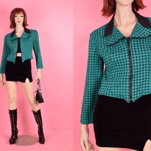 Vintage 80s Aqua and Black Houndstooth Jacket/ US 7-8/ 1980s