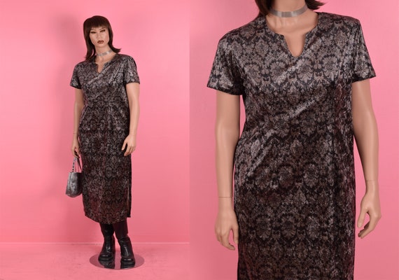 90s Damask and Glossy Reptile Print Velvet Dress/… - image 1