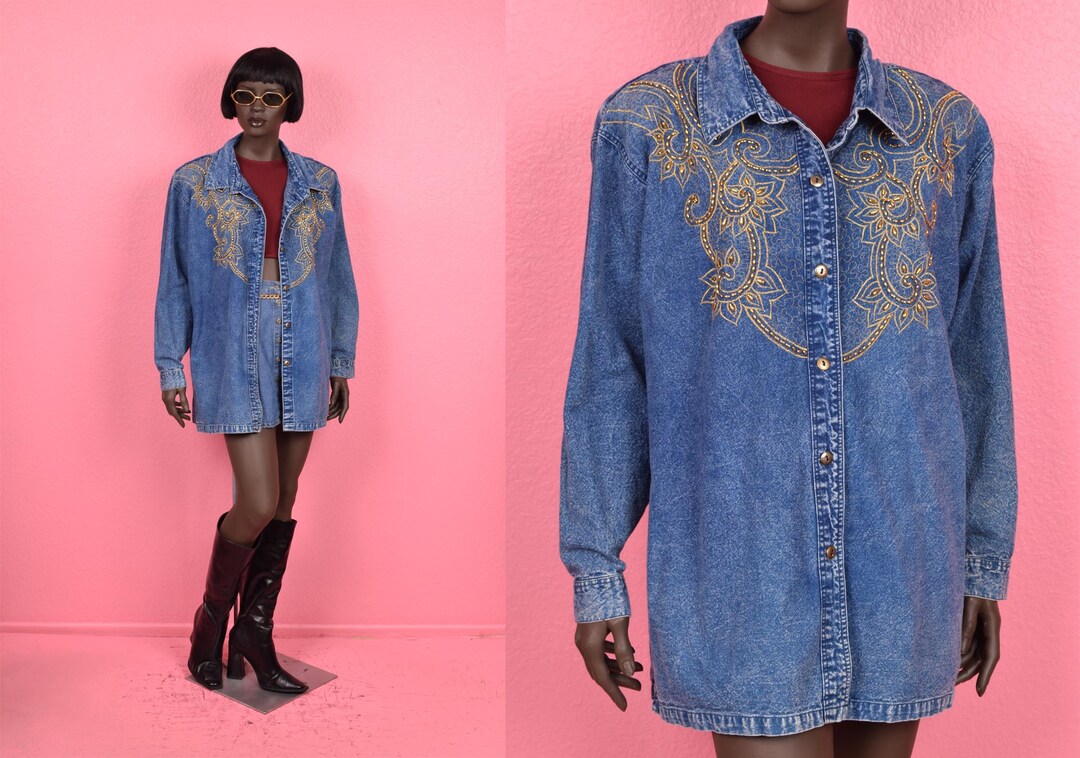 Vintage 80s Embroidered and Beaded Acid Wash Lightweight Denim