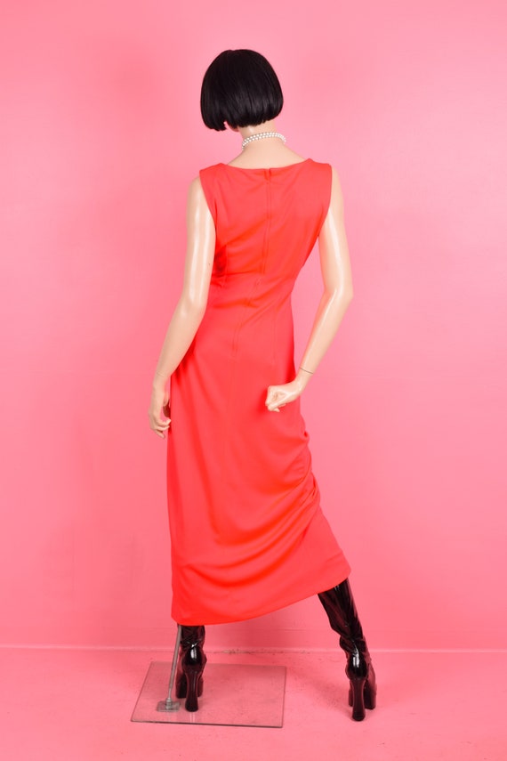 70s Fluorescent Orangey Pink Ruched Knit Dress/ M… - image 2